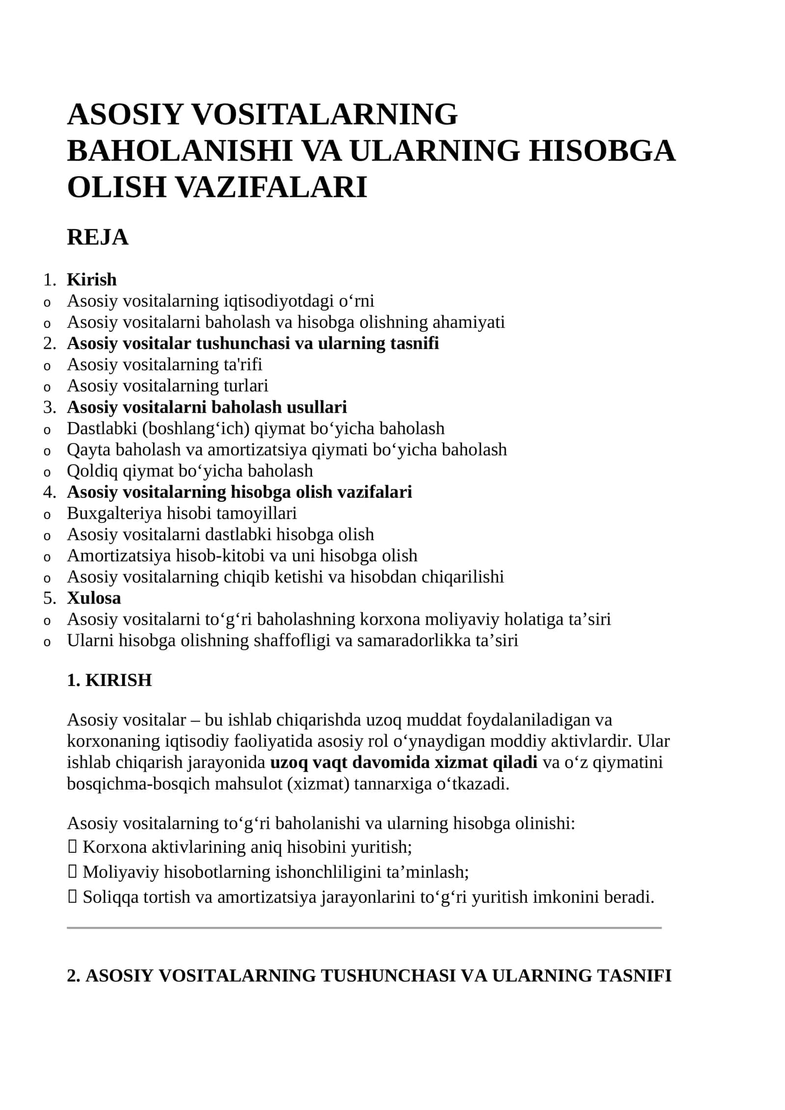 ASOSIY VOSITALARNING BAHOLANISHI VA ULARNING HISOBGA OLISH VAZIFALARI