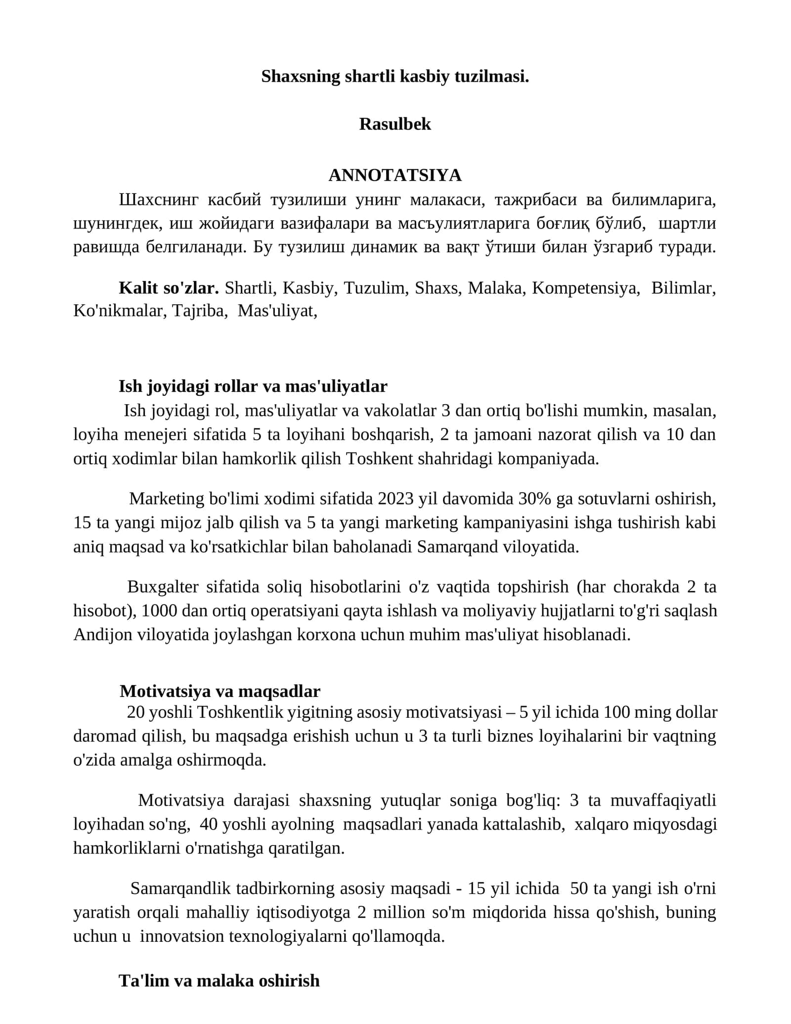 Shaxsning shartli kasbiy tuzilmasi