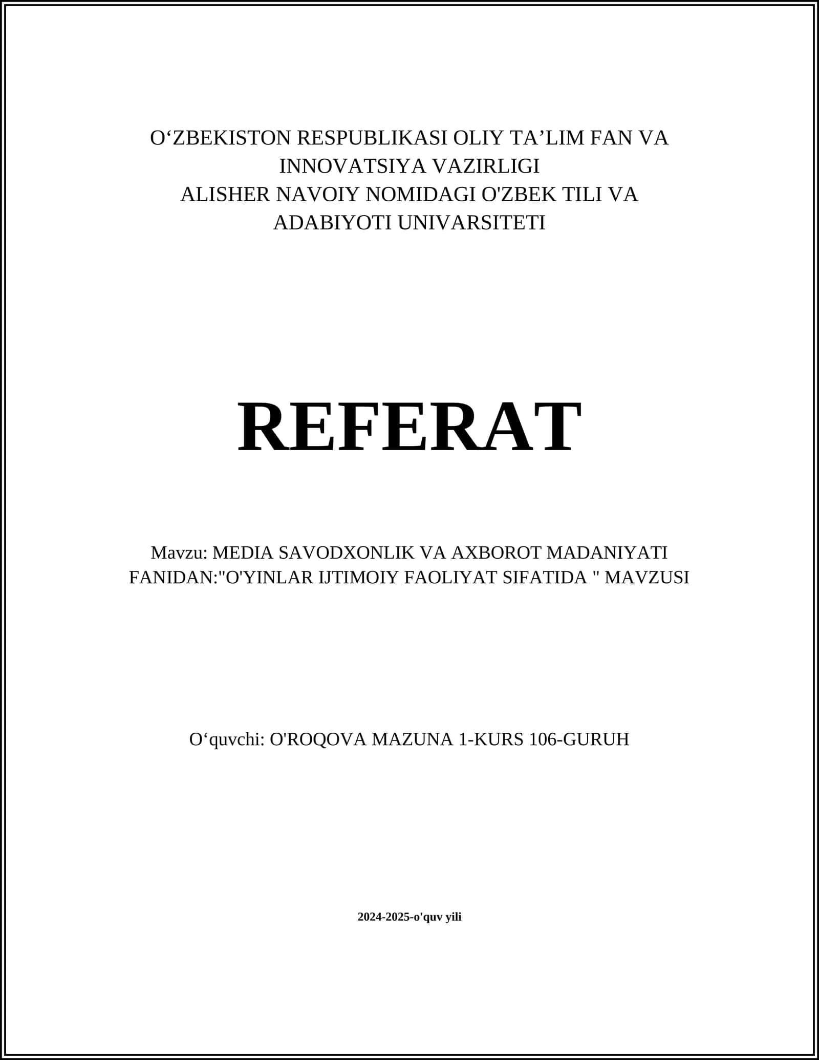 O'YINLAR IJTIMOIY FAOLIYAT SIFATIDA