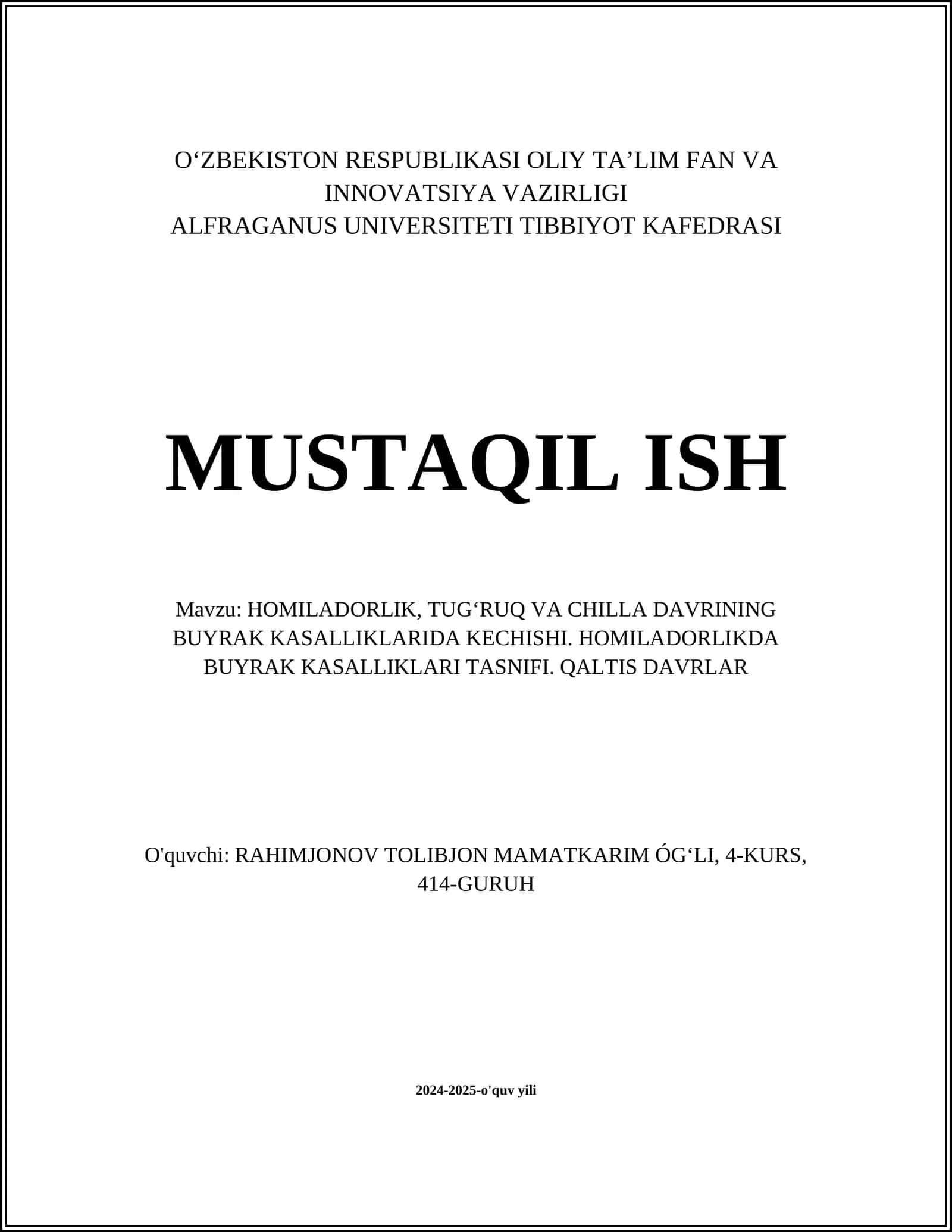 HOMILADORLIK, TUGʻRUQ VA CHILLA DAVRINING BUYRAK KASALLIKLARIDA KECHISHI