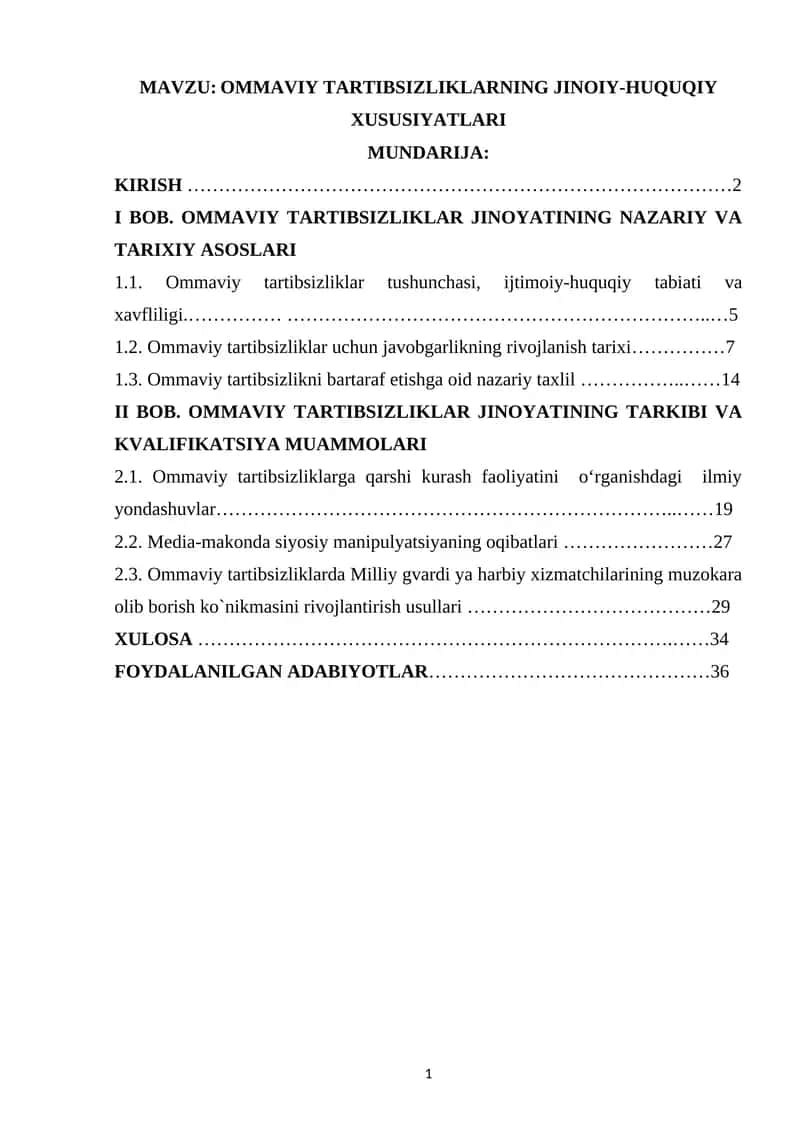 OMMAVIY TARTIBSIZLIKLARNING JINOIY-HUQUQIY XUSUSIYATLARI