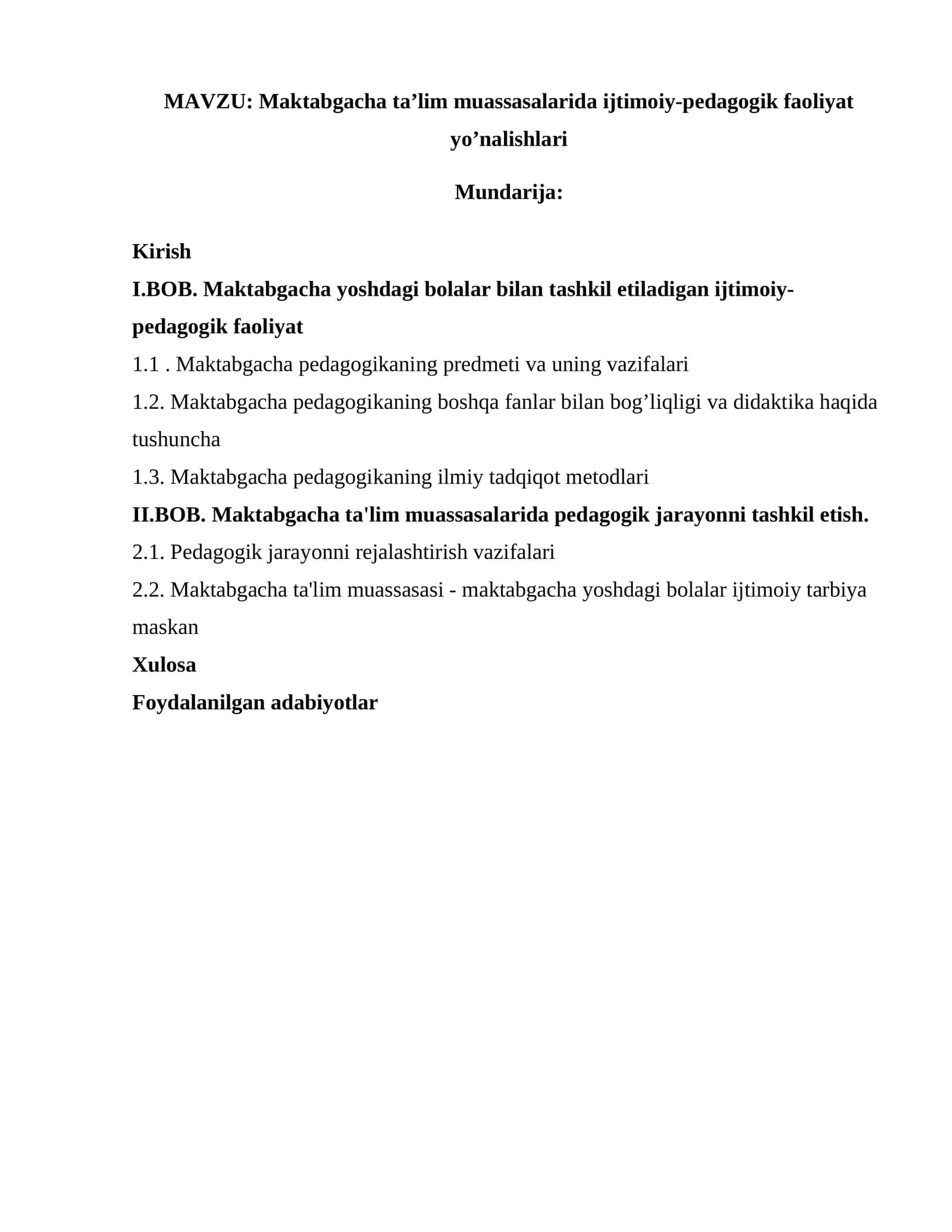Maktabgacha ta’lim muassasalarida ijtimoiy-pedagogik faoliyat yo’nalishlari