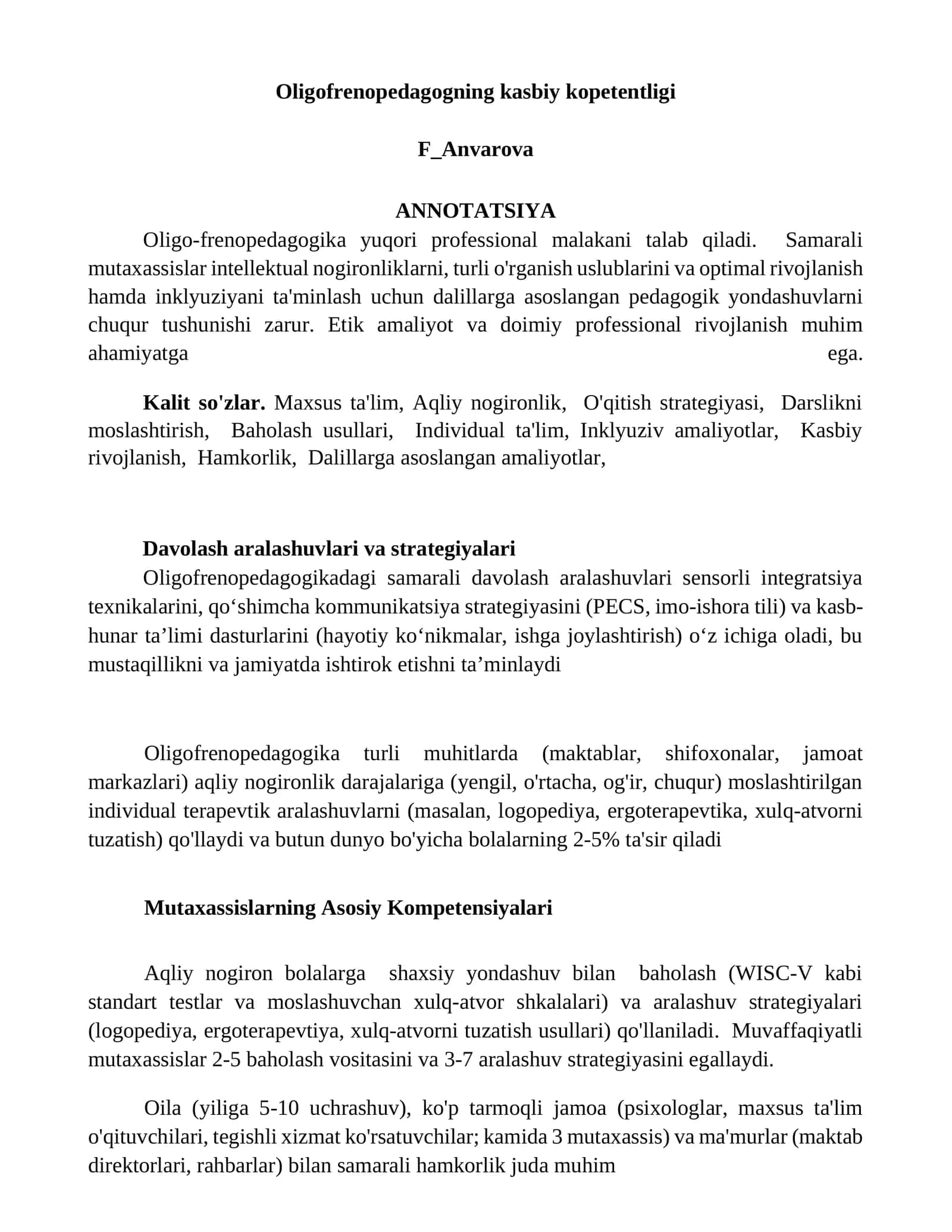 Oligofrenopedagogning kasbiy kopetentligi