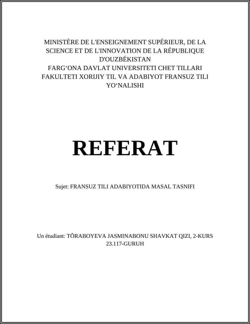 FRANSUZ TILI ADABIYOTIDA MASAL TASNIFI