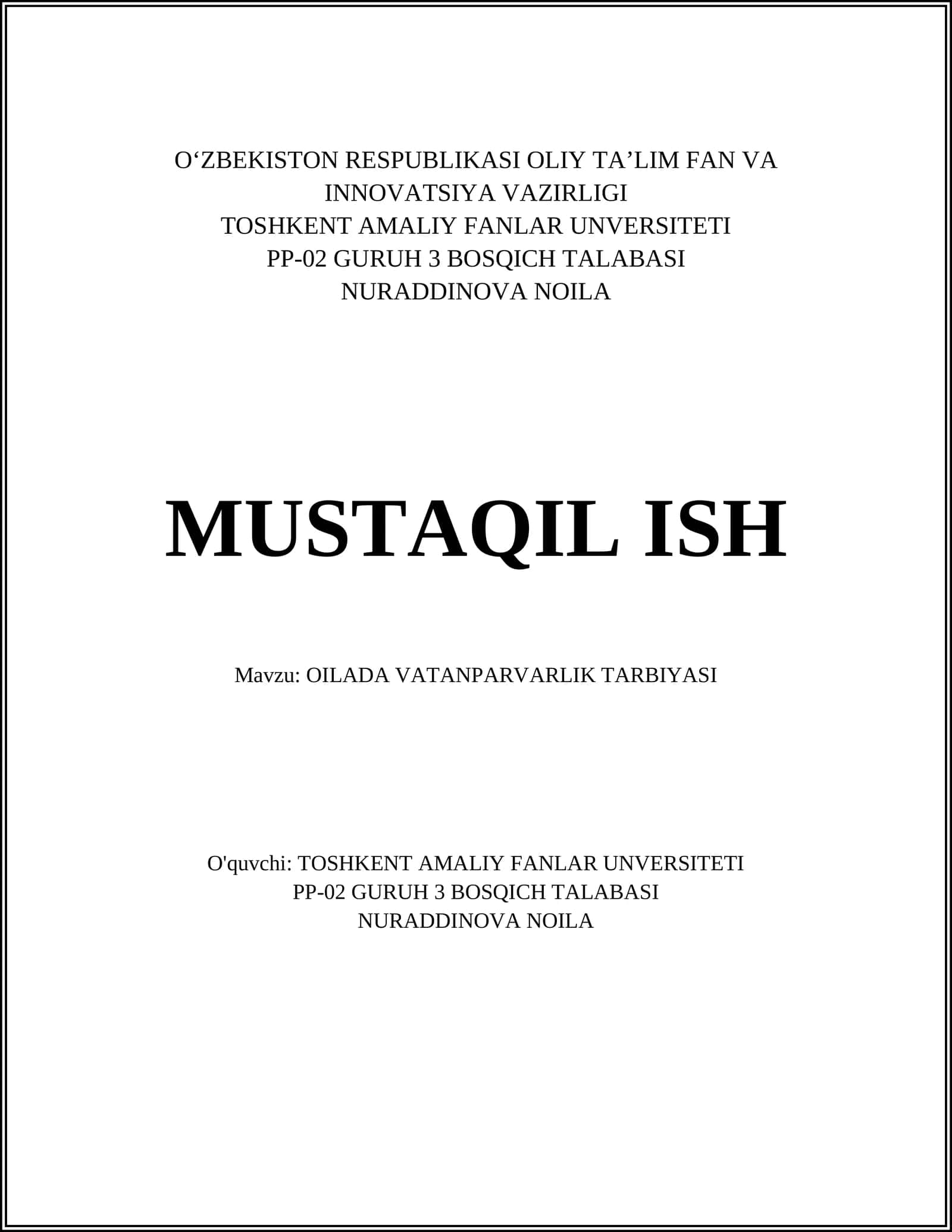 OILADA VATANPARVARLIK TARBIYASI