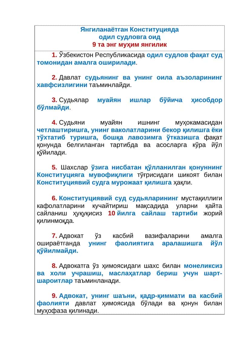Янгиланаётган Конституцияда одил судловга оид 9 та энг муҳим янгилик