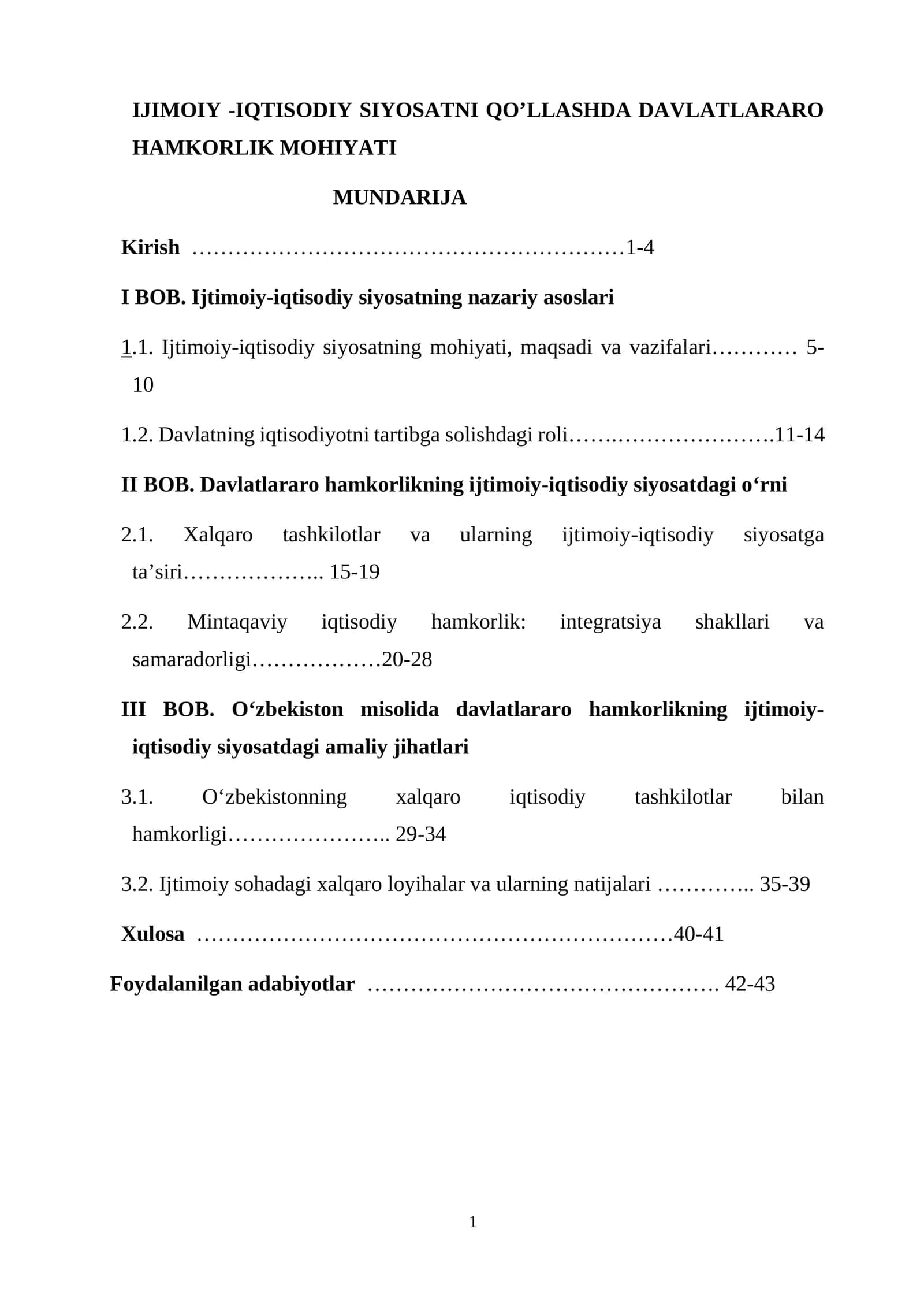 IJIMOIY -IQTISODIY SIYOSATNI QO’LLASHDA DAVLATLARARO HAMKORLIK MOHIYATI