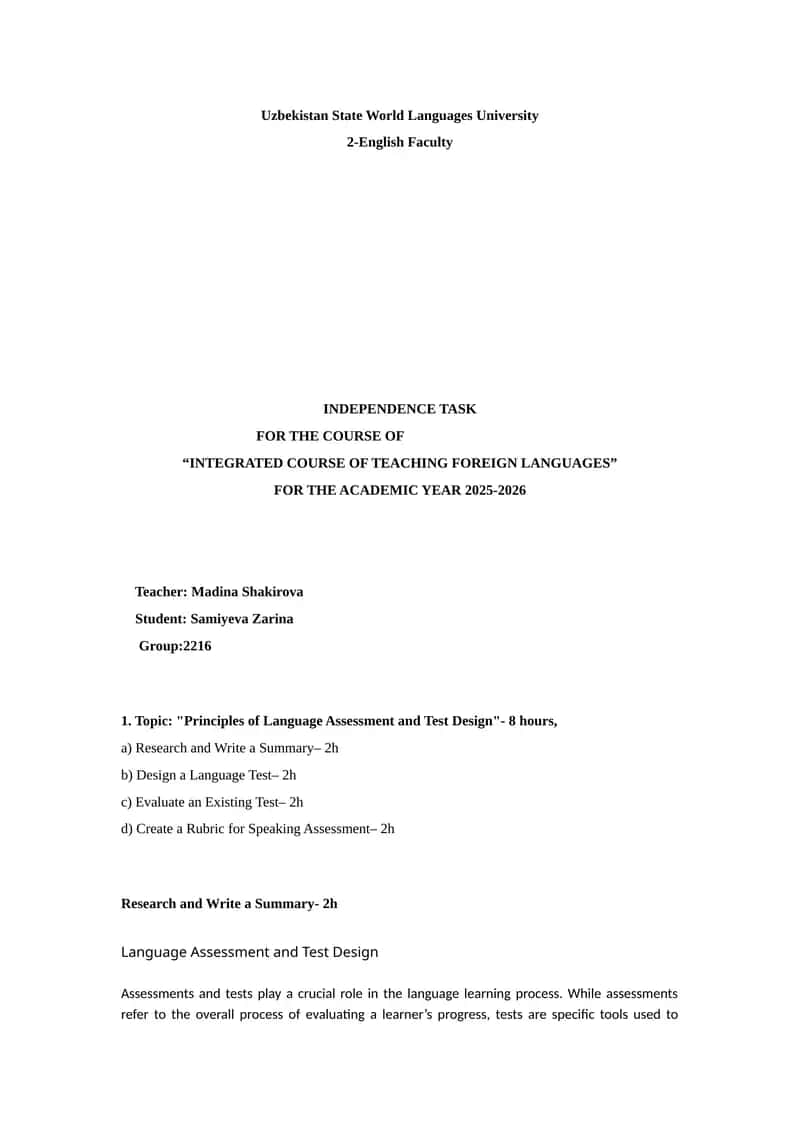 Principles of Language Assessment and Test Design