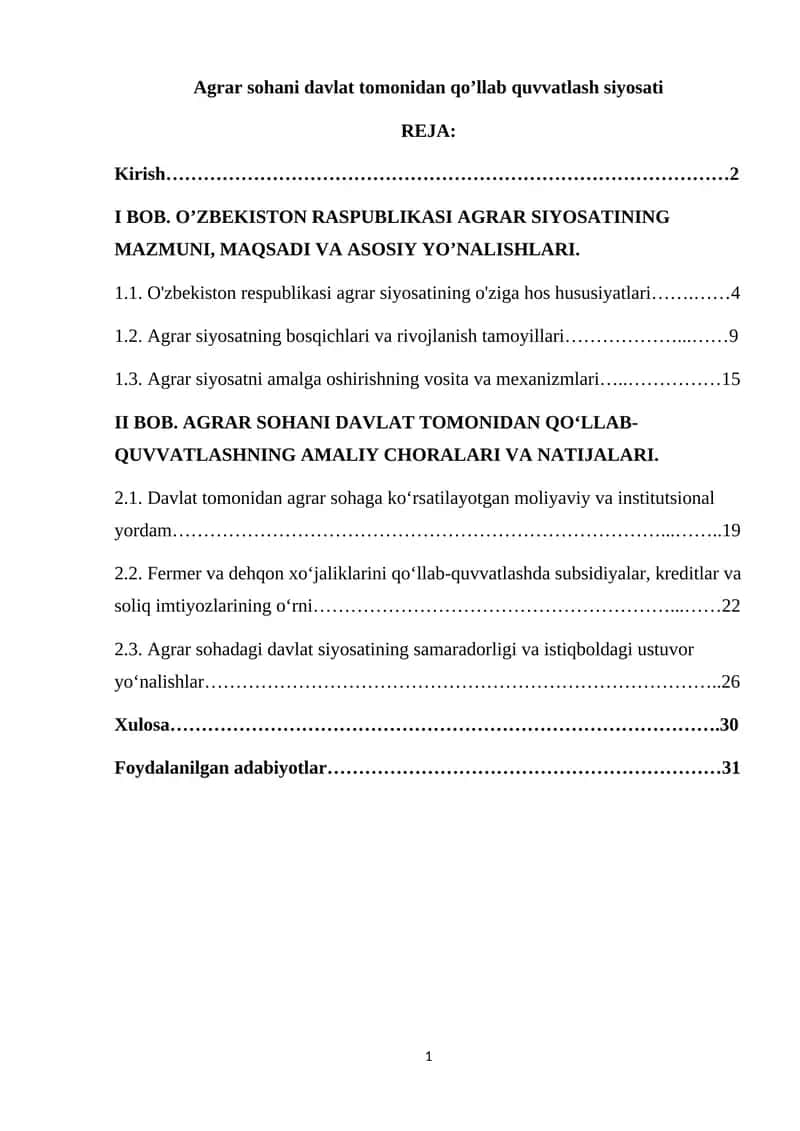 Agrar sohani davlat tomonidan qo’llab quvvatlash siyosati