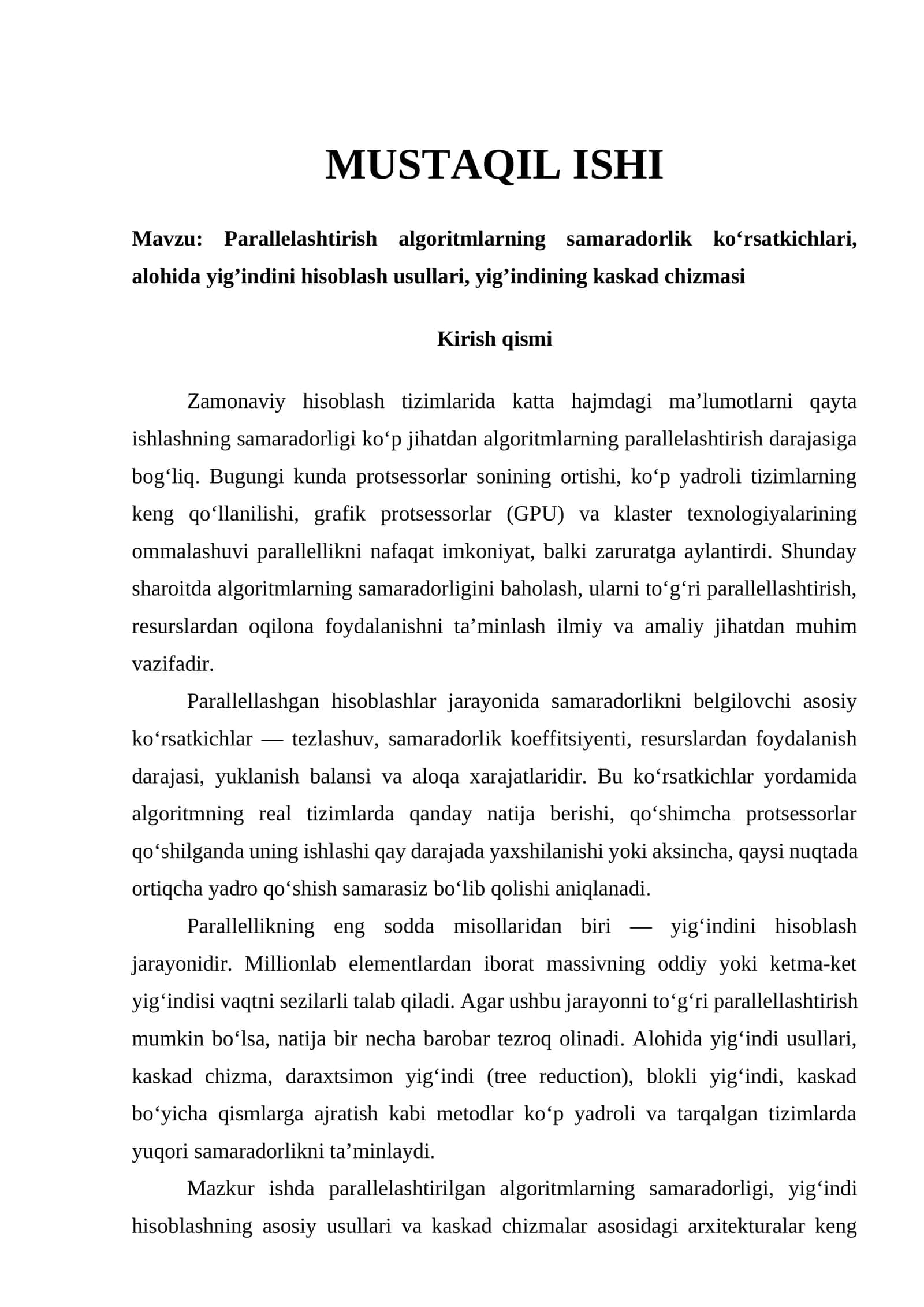 Parallelashtirish algoritmlarning samaradorlik tahlili