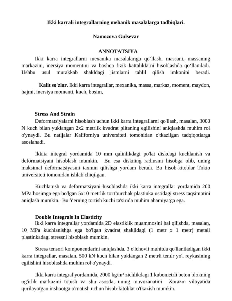 Ikki karrali integrallarning mehanik masalalarga tadbiqlari