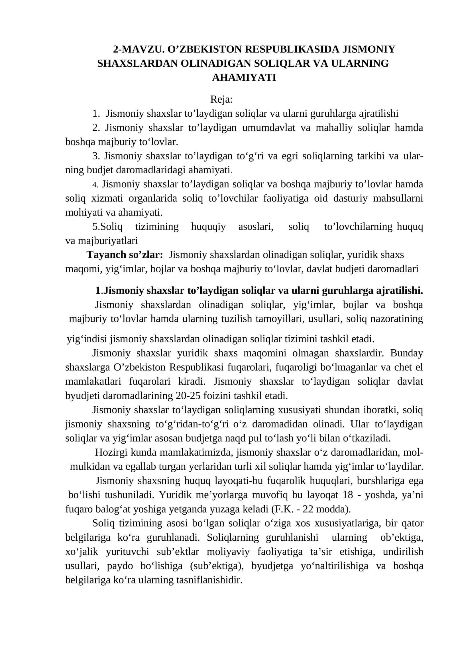 O’ZBEKISTON RESPUBLIKASIDA JISMONIY SHAXSLARDAN OLINADIGAN SOLIQLAR VA ULARNING AHAMIYATI