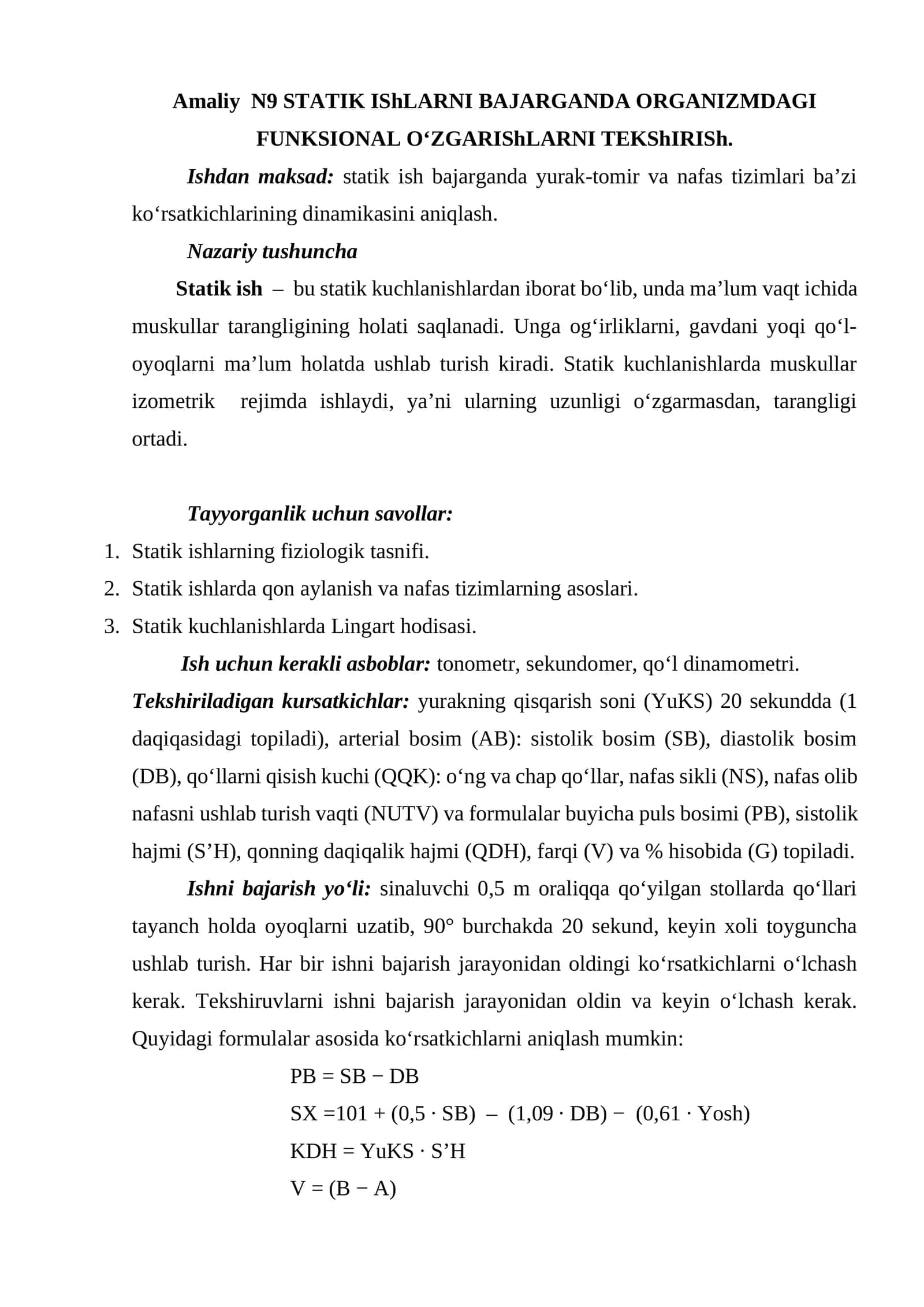 Amaliy N9 STATIK IShLARNI BAJARGANDA ORGANIZMDAGI FUNKSIONAL O‘ZGARIShLARNI TEKShIRISh
