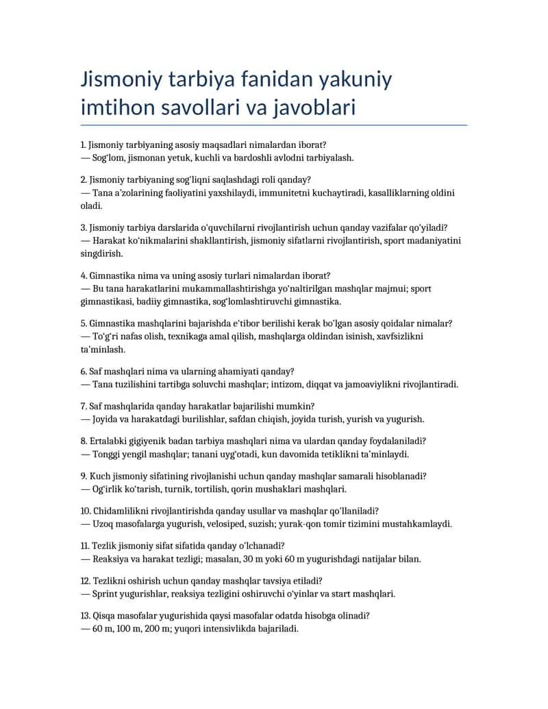 Jismoniy tarbiya fanidan yakuniy imtihon savollari va javoblari