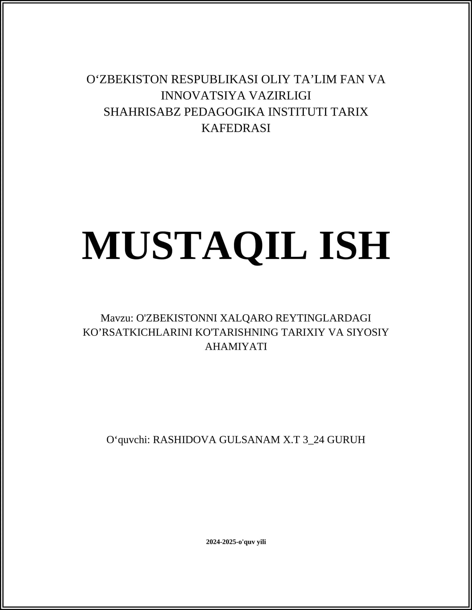 O'ZBEKISTONNI XALQARO REYTINGLARDAGI KO’RSATKICHLARINI KO'TARISHNING TARIXIY VA SIYOSIY AHAMIYATI