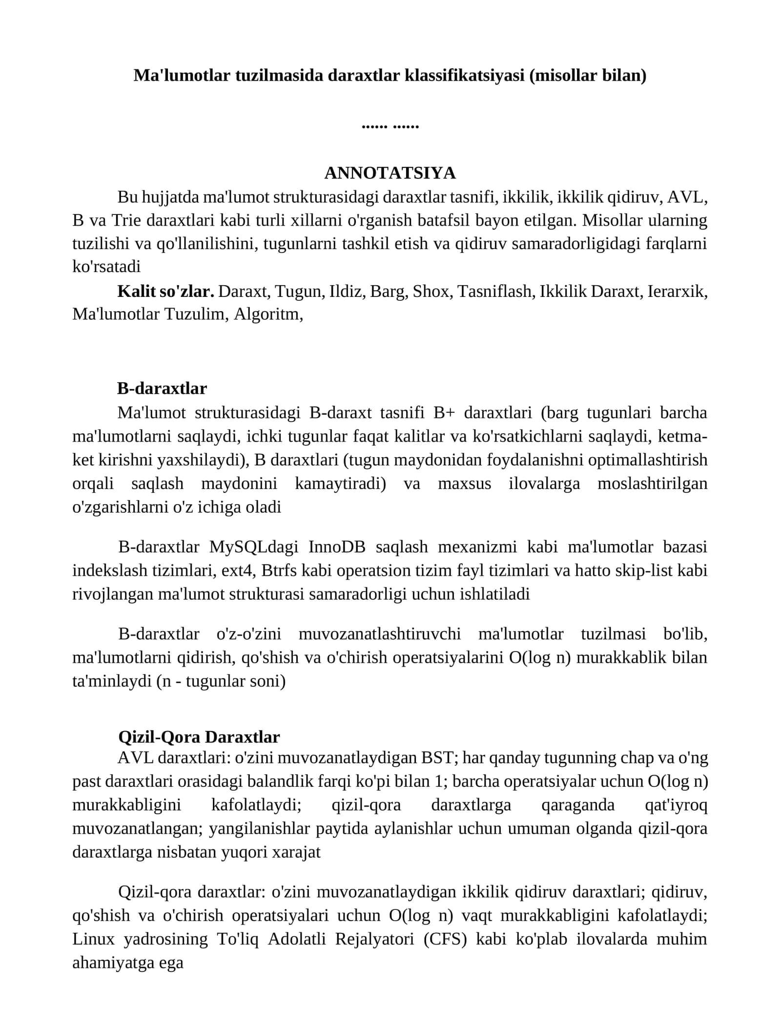 Ma'lumotlar tuzilmasida daraxtlar klassifikatsiyasi (misollar bilan)