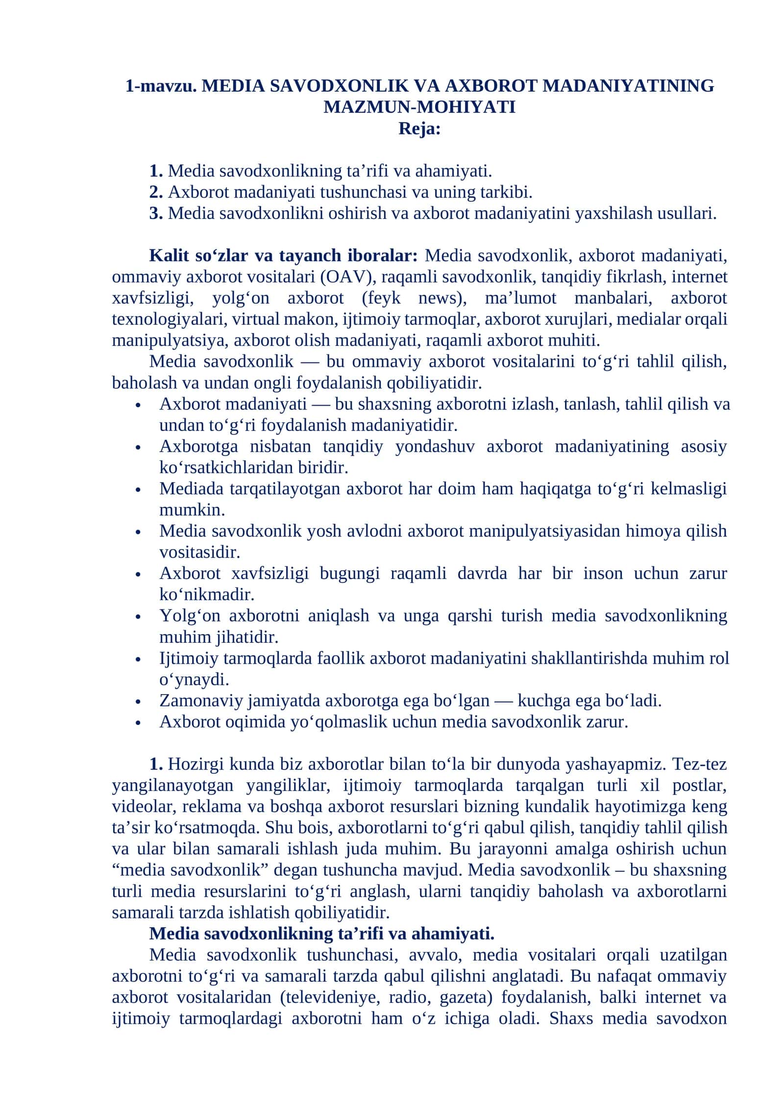 MEDIA SAVODXONLIK VA AXBOROT MADANIYATINING MAZMUN-MOHIYATI