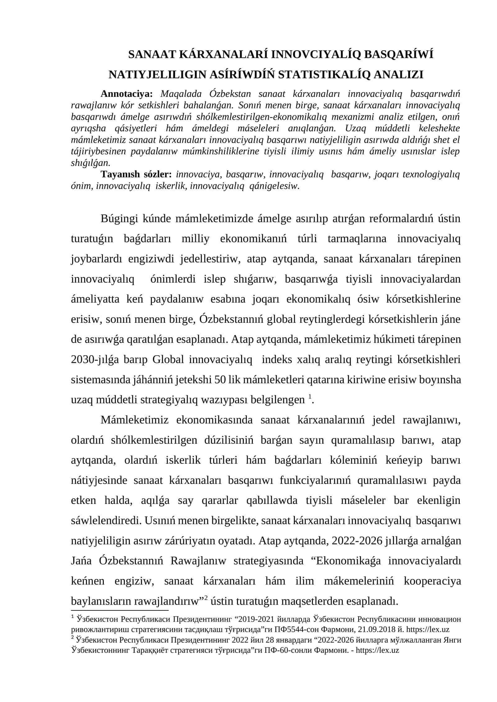 SANAAT KÁRXANALARÍ INNOVCIYALÍQ BASQARÍWÍ NATIYJELILIGIN ASÍRÍWDÍŃ STATISTIKALÍQ ANALIZI