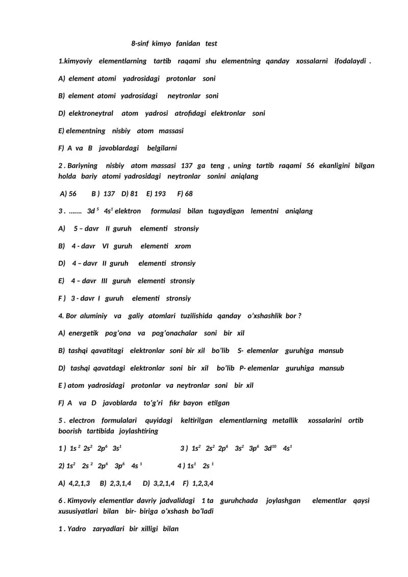 8-sinf kimyo fanidan test