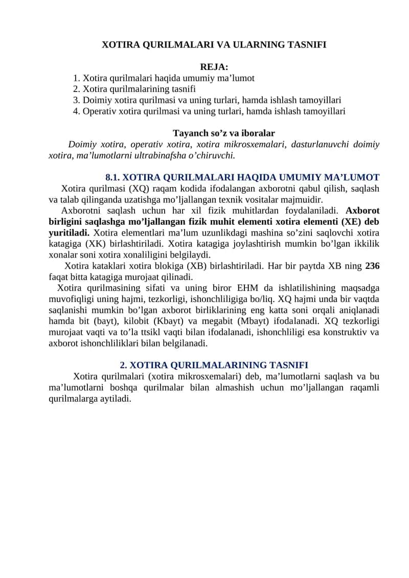 Xotira qurilmalari va ularning tasnifi