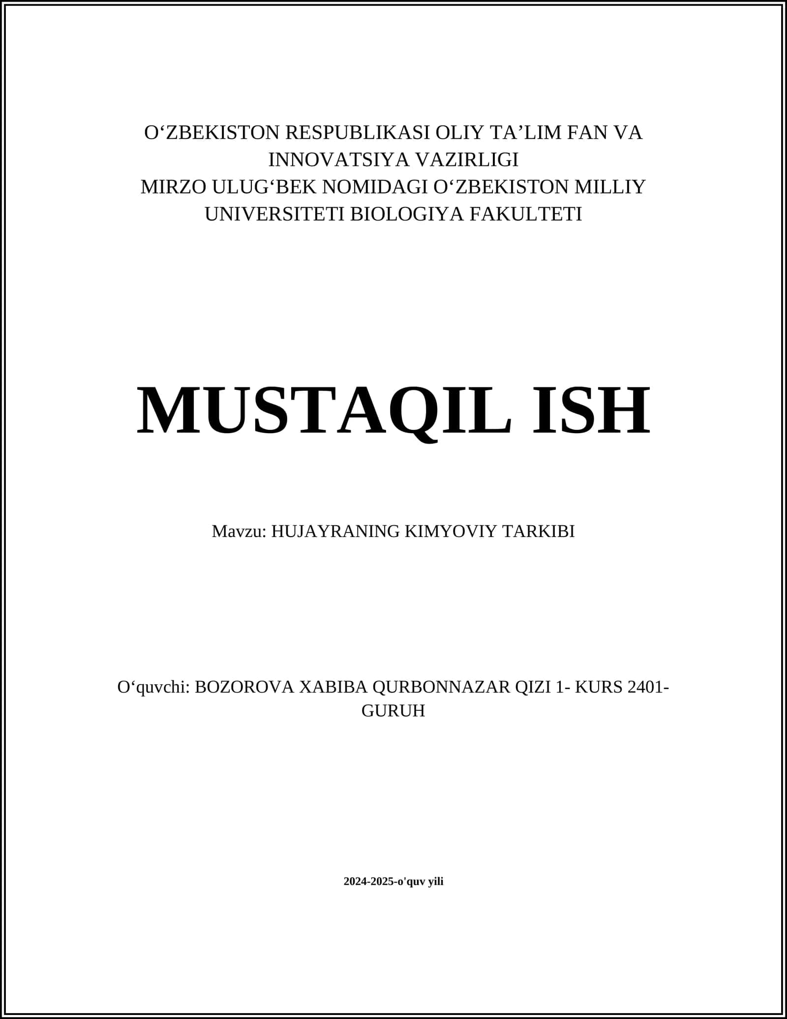 HUJAYRANING KIMYOVIY TARKIBI