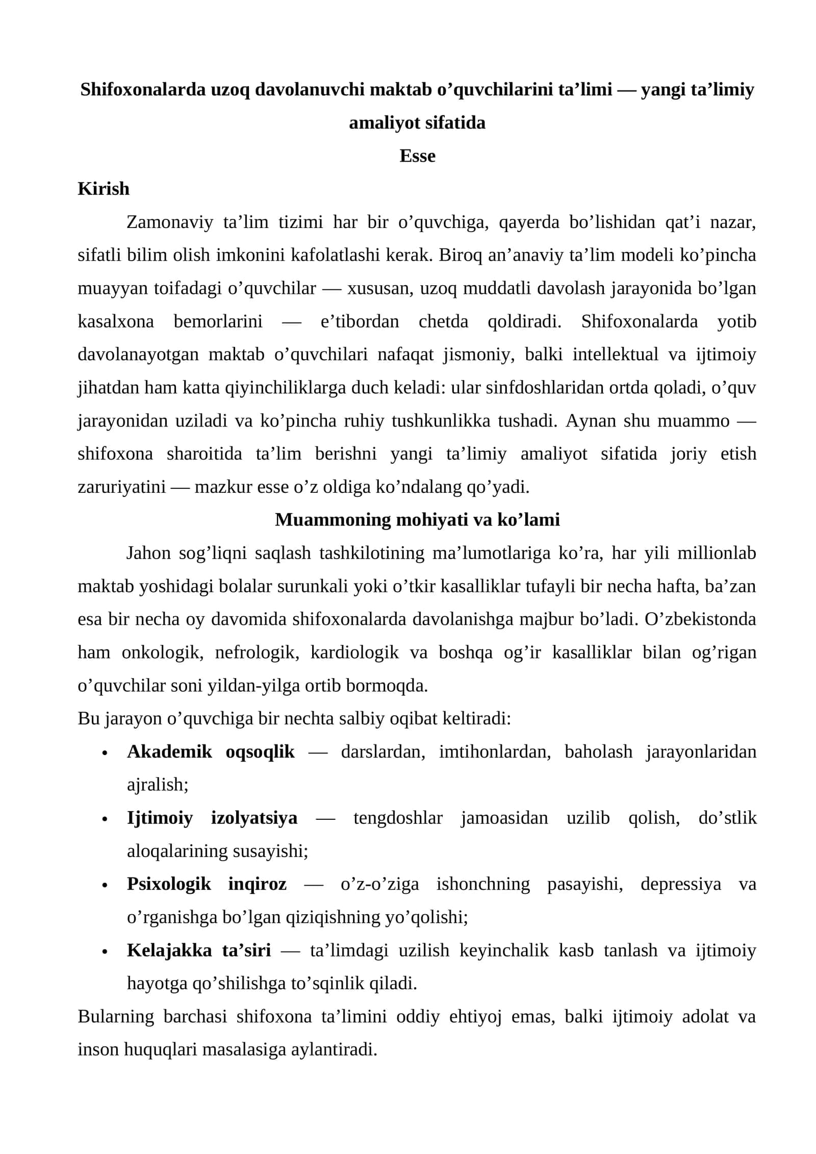 Shifoxonalarda uzoq davolanuvchi maktab o’quvchilarini ta’limi — yangi ta’limiy amaliyot sifatida