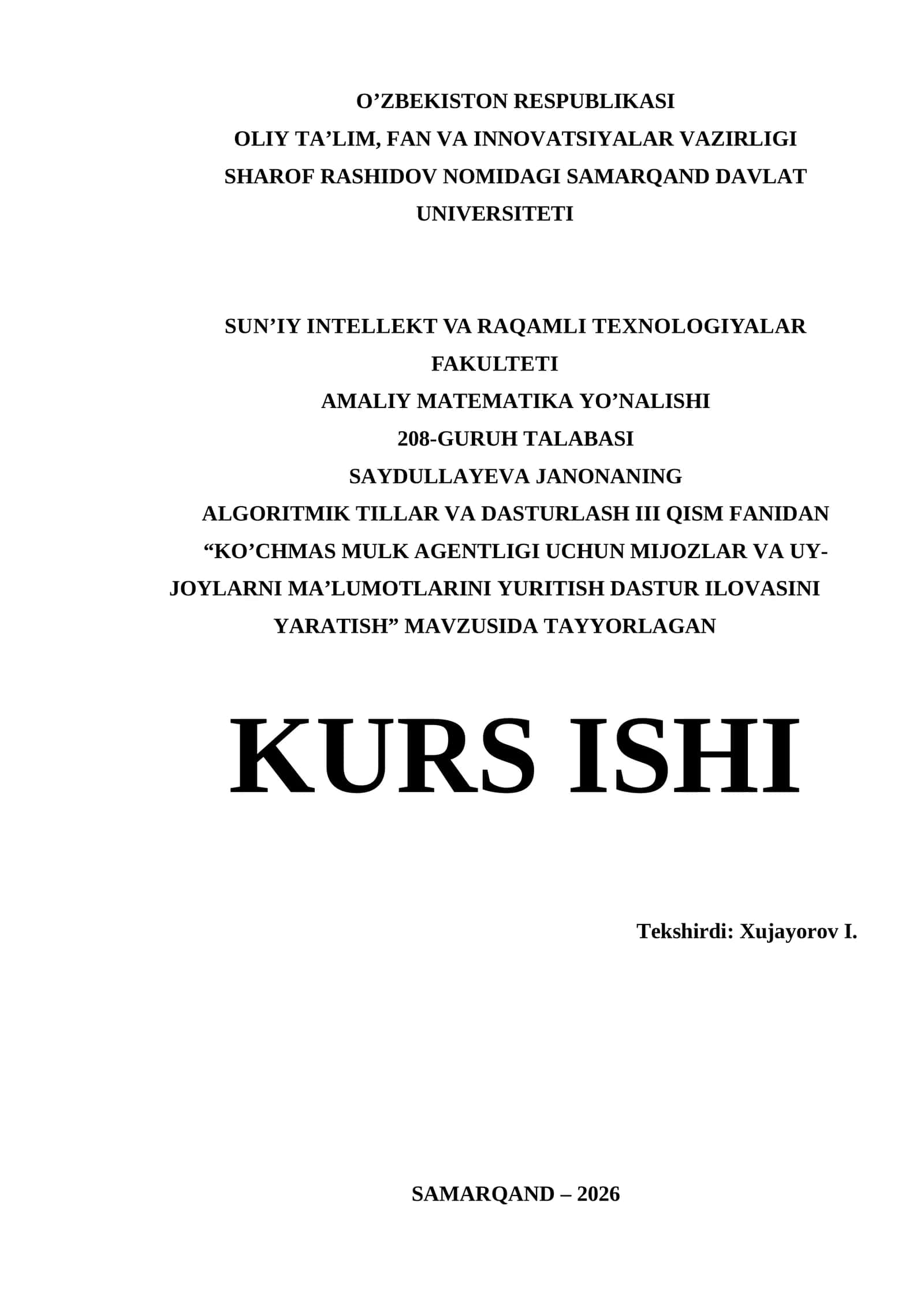Visual Studio muhitida dasturlash | Kurs ishi - KO’CHMAS MULK AGENTLIGI UCHUN MIJOZLAR VA UY-JOYLARNI MA’LUMOTLARINI YURITISH DASTUR ILOVASINI YARATISH