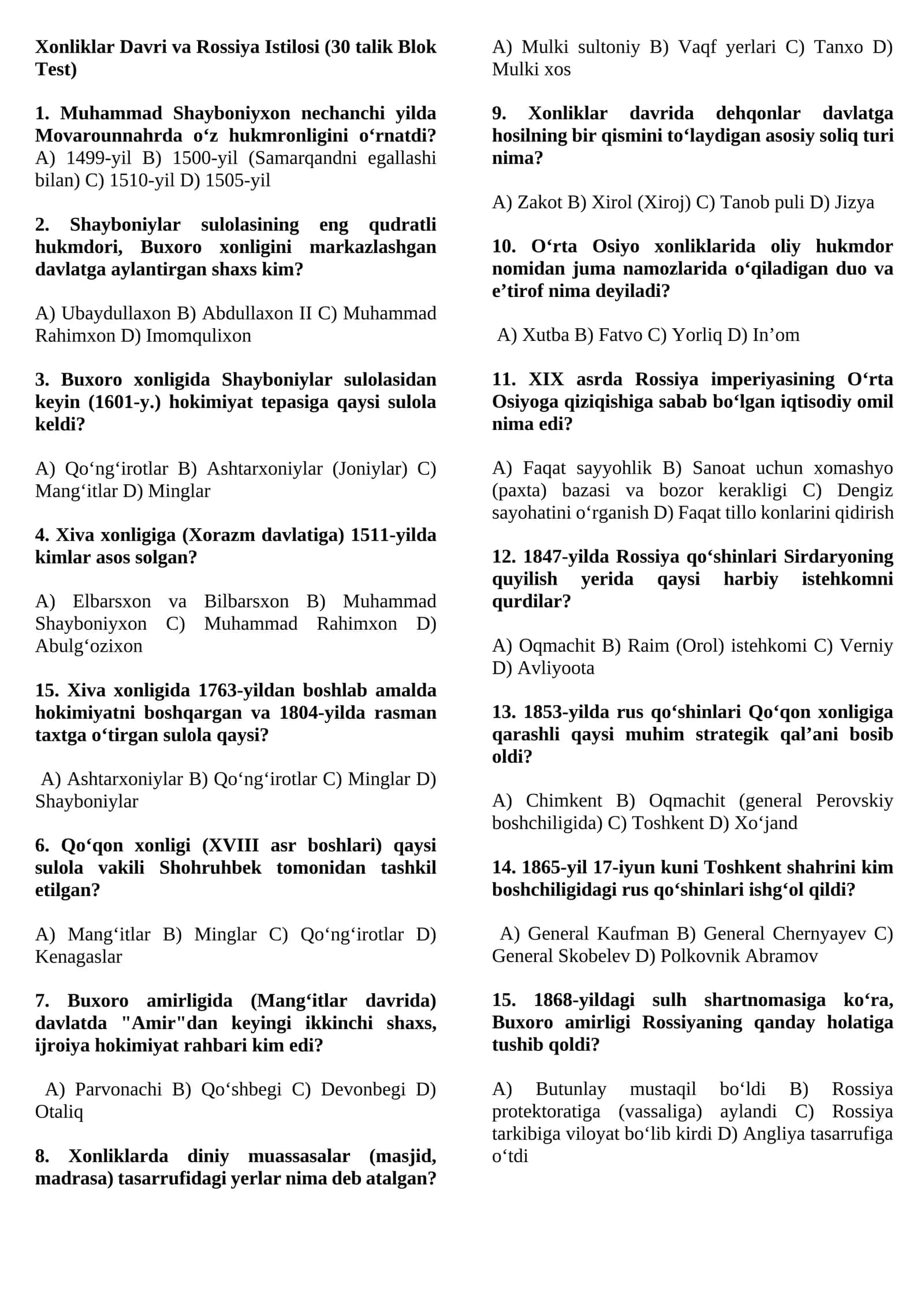 Xonliklar Davri va Rossiya Istilosi (30 talik Blok Test)