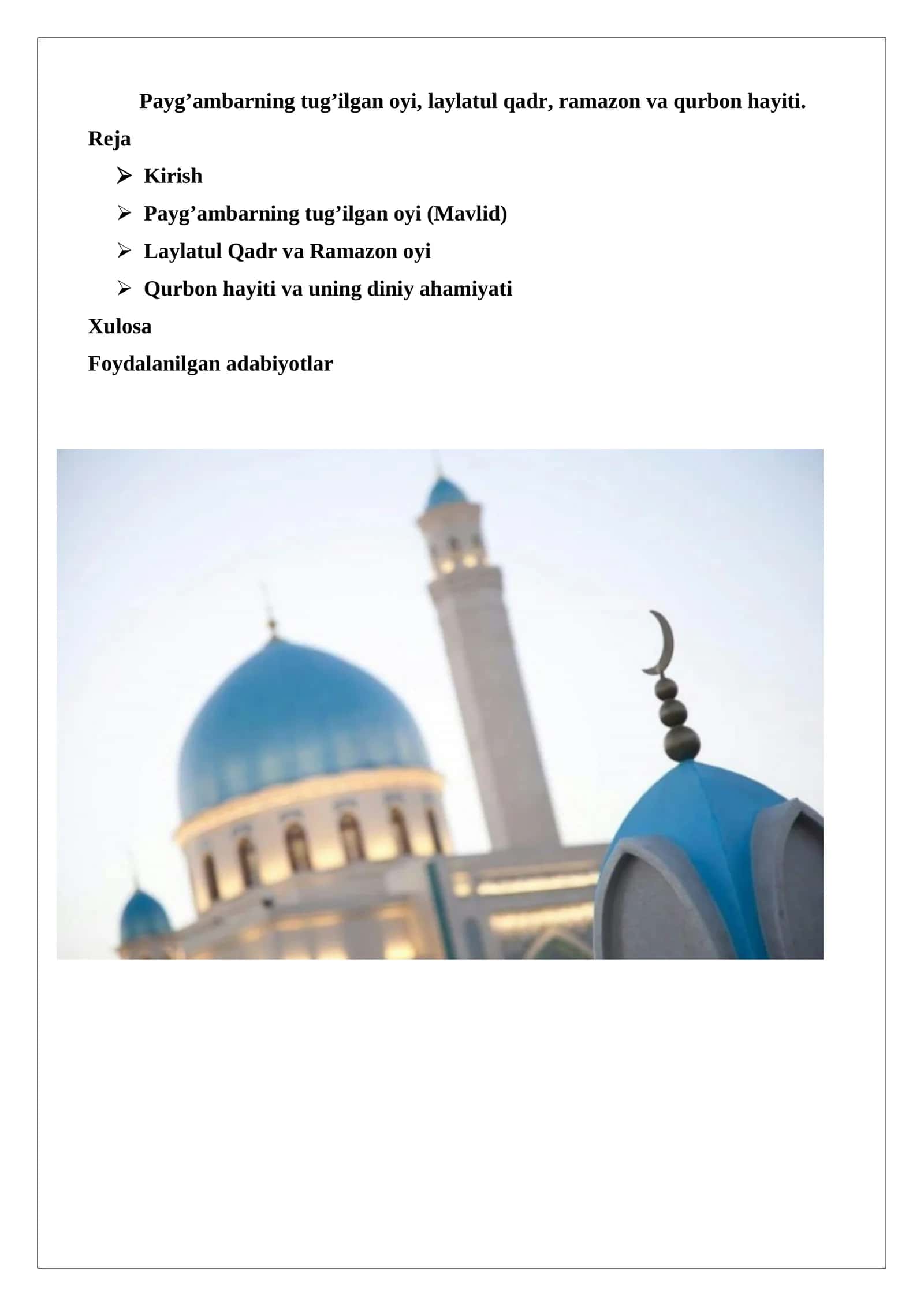 Payg’ambarning tug’ilgan oyi, laylatul qadr, ramazon va qurbon hayiti