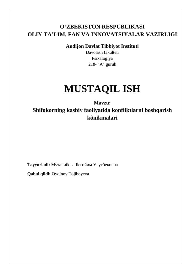 Shifokorning kasbiy faoliyatida konfliktlarni boshqarish kônikmalari
