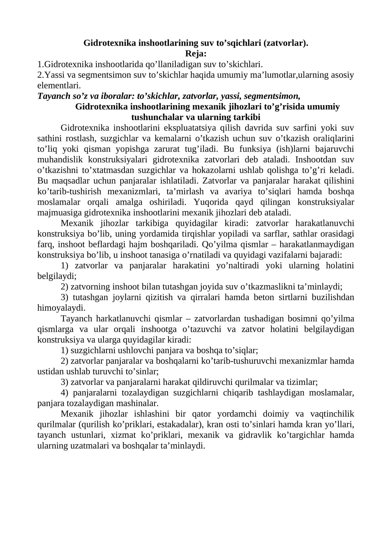 Gidrotexnika inshootlarining suv to’sqichlari (zatvorlar)