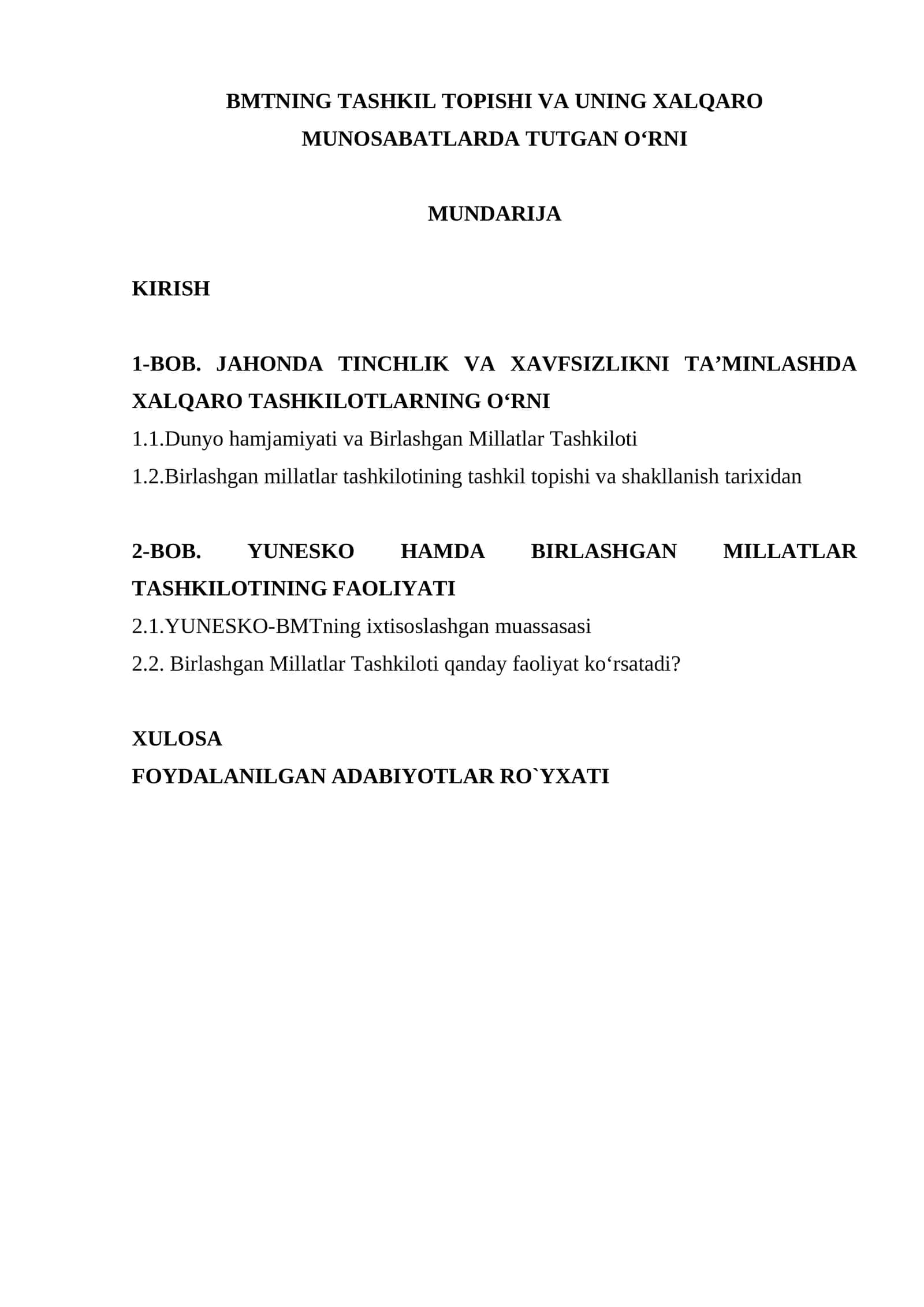 BMTning tashkil topishi va uning xalqaro munosabatlarda tutgan oʻrni