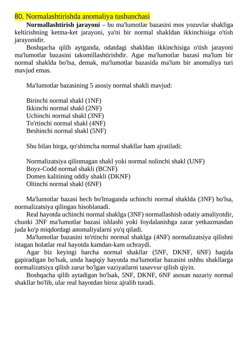 Normalashtirishda Anomaliya Tushunchasi