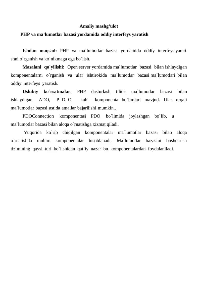 PHP va ma’lumotlar bazasi yordamida oddiy interfeys yaratish