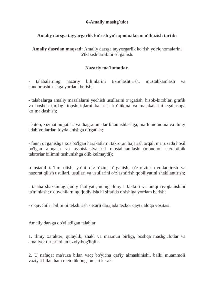 Amaliy darsga tayyorgarlik ko'rish yo'riqnomalarini o'tkazish tartibi