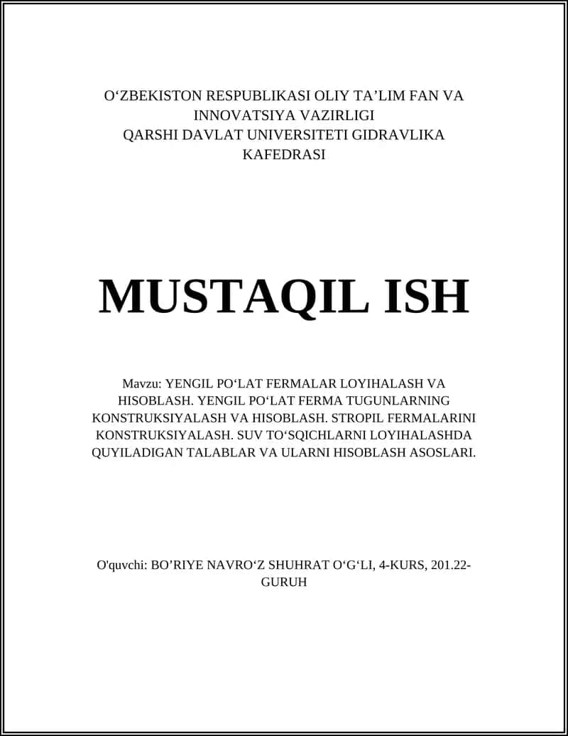 YENGIL POʻLAT FERMALAR LOYIHALASH VA HISOBLASH