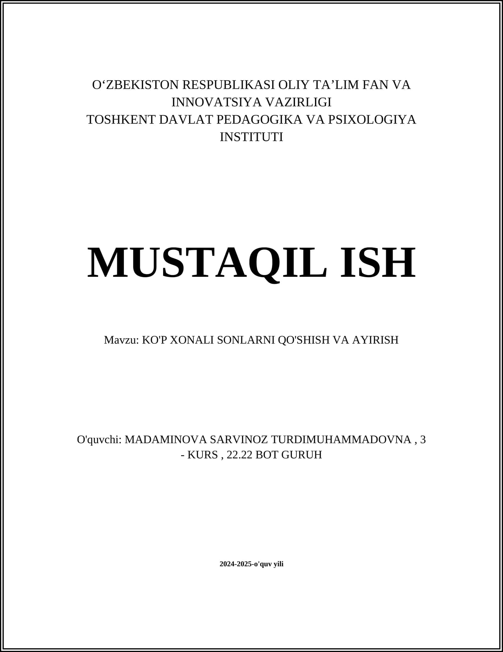 KO'p Xonali Sonlarni Qo'shish va Ayirish