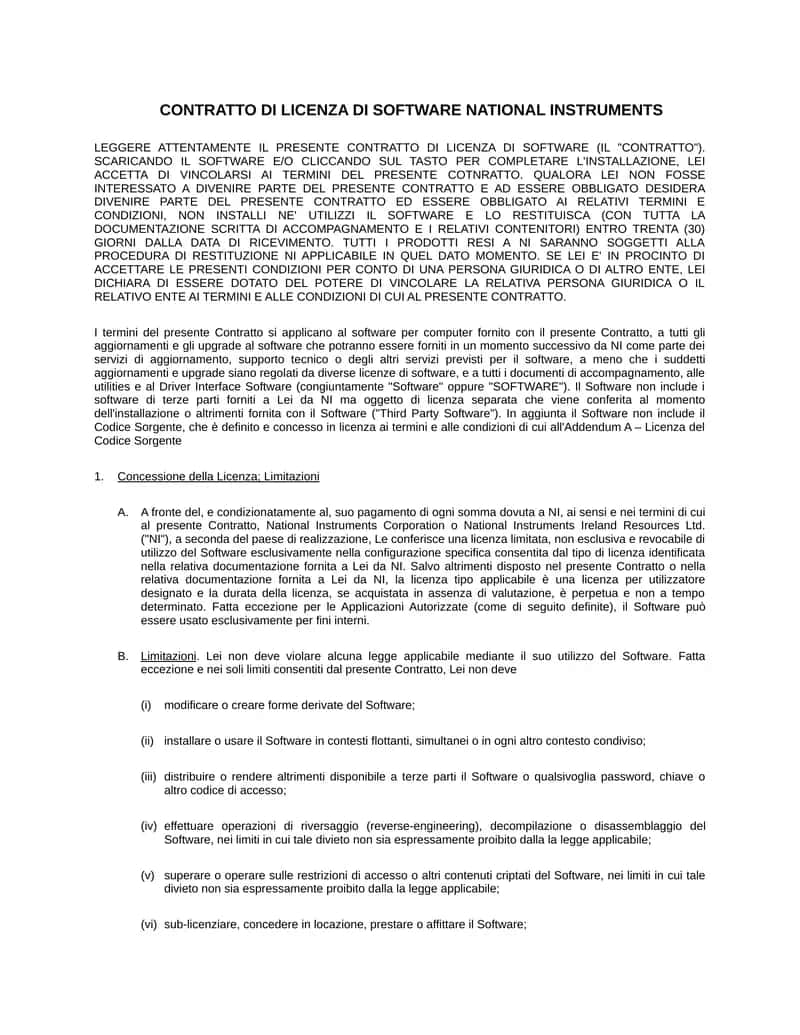 CONTRATTO DI LICENZA DI SOFTWARE NATIONAL INSTRUMENTS