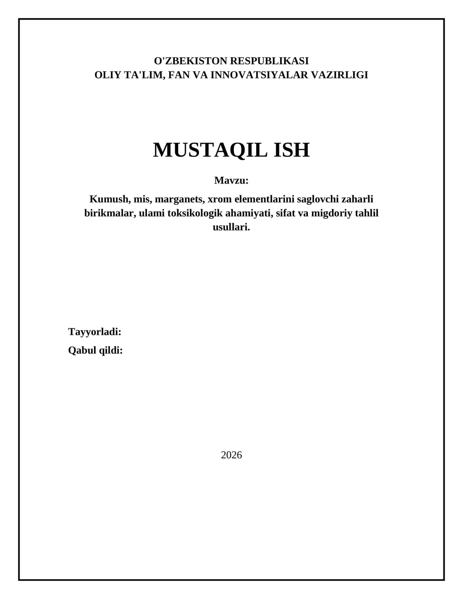 Kumush, mis, marganets, xrom elementlarini saglovchi zaharli birikmalar, ulami toksikologik ahamiyati