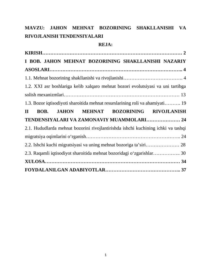 JAHON MEHNAT BOZORINING SHAKLLANISHI VA RIVOJLANISH TENDENSIYALARI