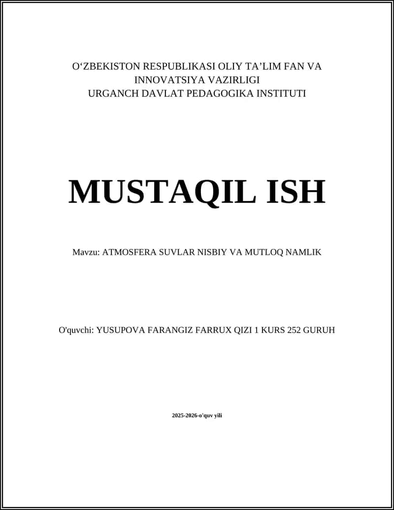 ATMOSFERA SUVLAR NISBIY VA MUTLOQ NAMLIK