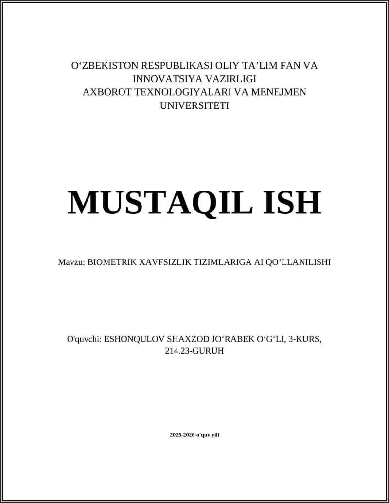 BIOMETRIK XAVFSIZLIK TIZIMLARIGA AI QOʻLLANILISHI