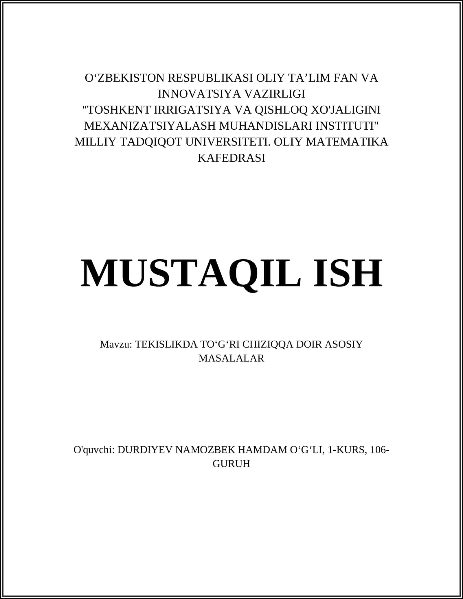 TEKISLIKDA TOʻGʻRI CHIZIQQA DOIR ASOSIY MASALALAR