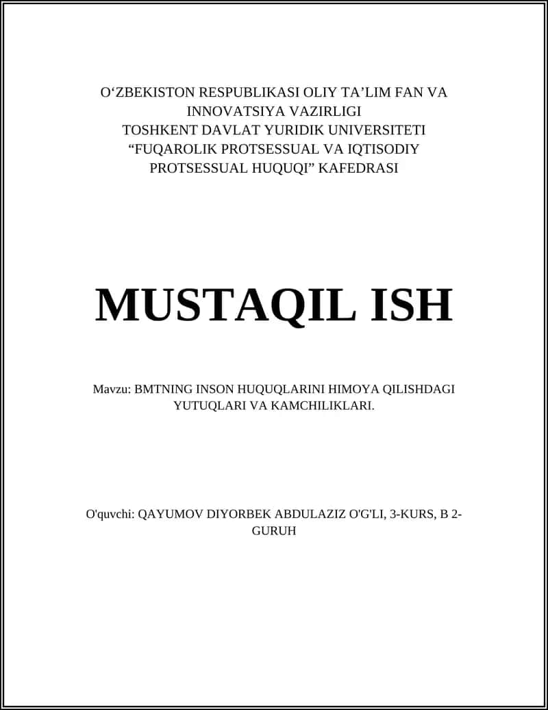 BMTNING INSON HUQUQLARINI HIMOYA QILISHDAGI YUTUQLARI VA KAMCHILIKLARI