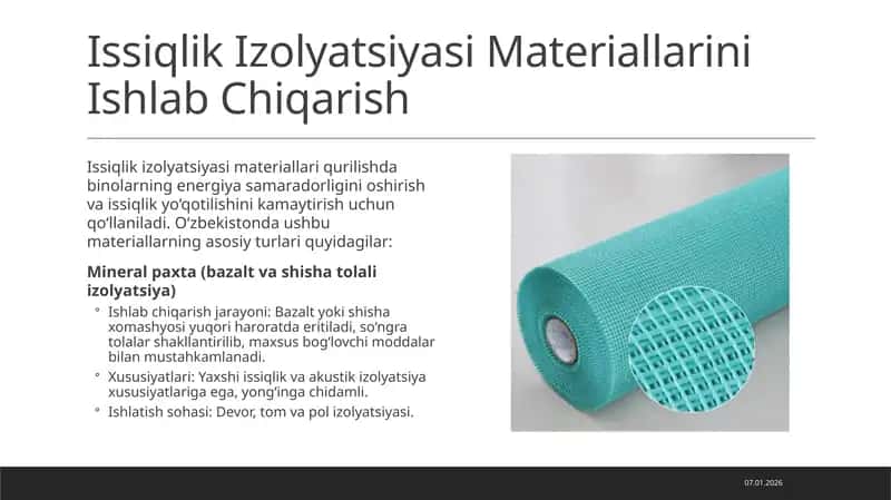 Issiqlik Izolyatsiyasi Materiallarini Ishlab Chiqarish