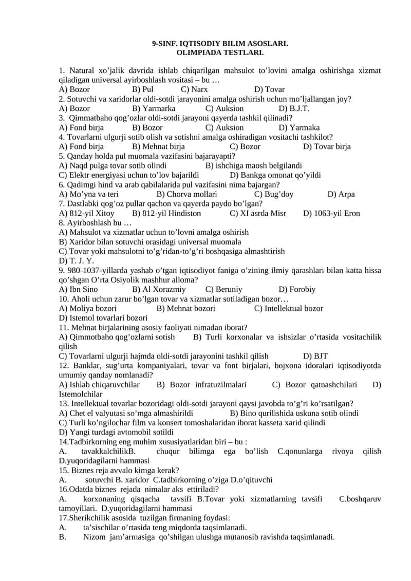 IQTISODIY BILIM ASOSLARI. OLIMPIADA TESTLARI.
