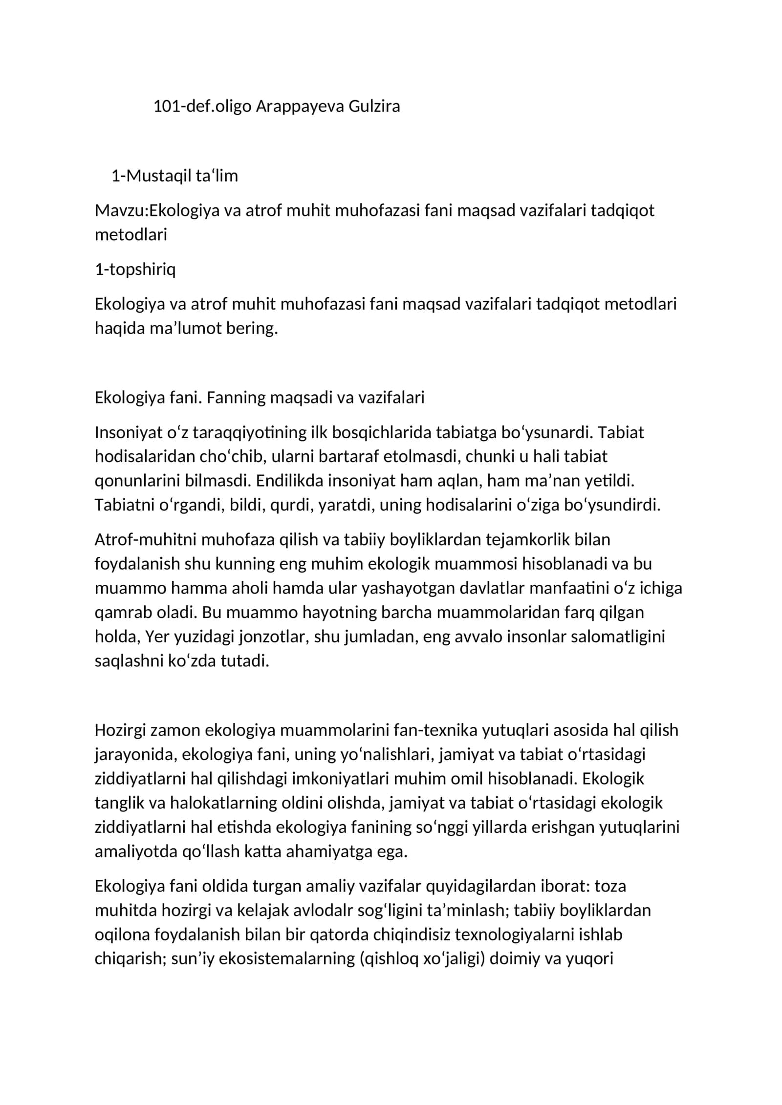 Ekologiya va Atrof Muhit Muhofazasi Fani Maqsad Vazifalari Tadqiqot Metodlari