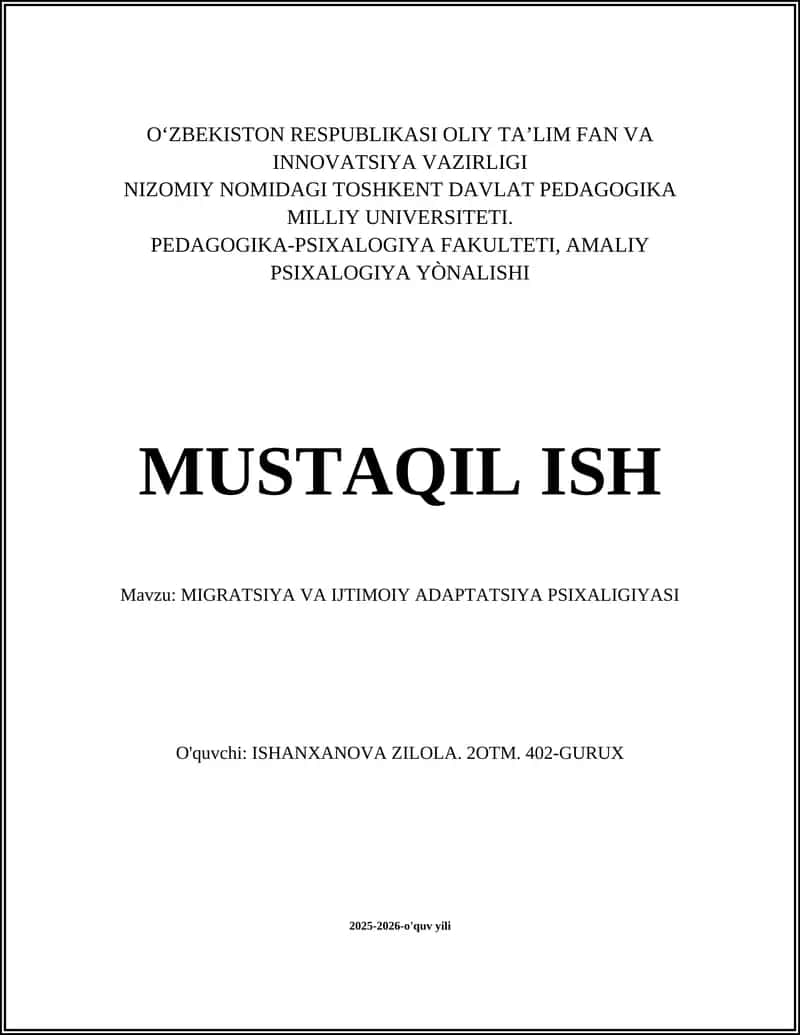 MIGRATSIYA VA IJTIMOIY ADAPTATSIYA PSIXALIGIYASI