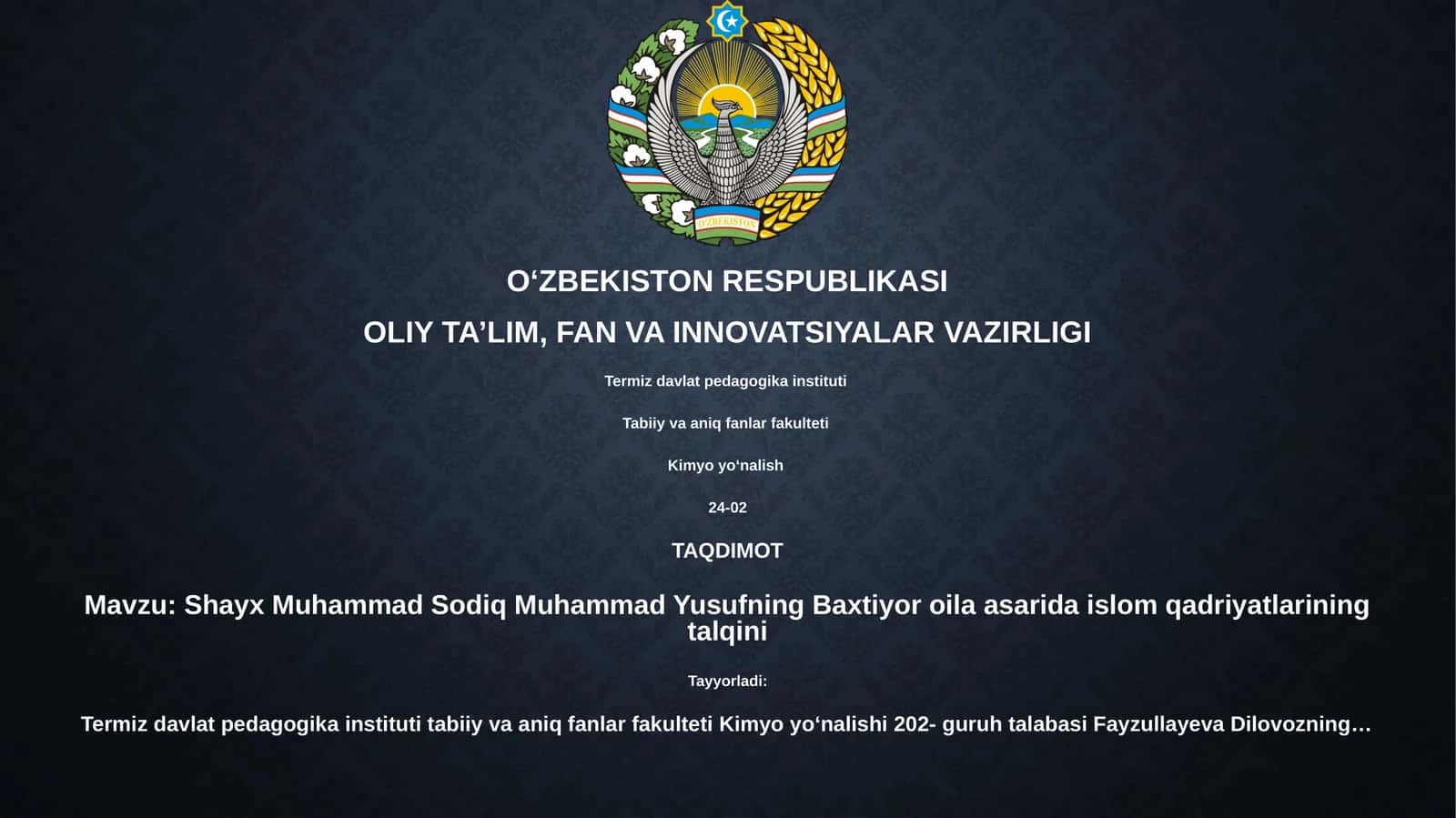 Shayx Muhammad Sodiq Muhammad Yusufning Baxtiyor oila asarida islom qadriyatlarining talqini