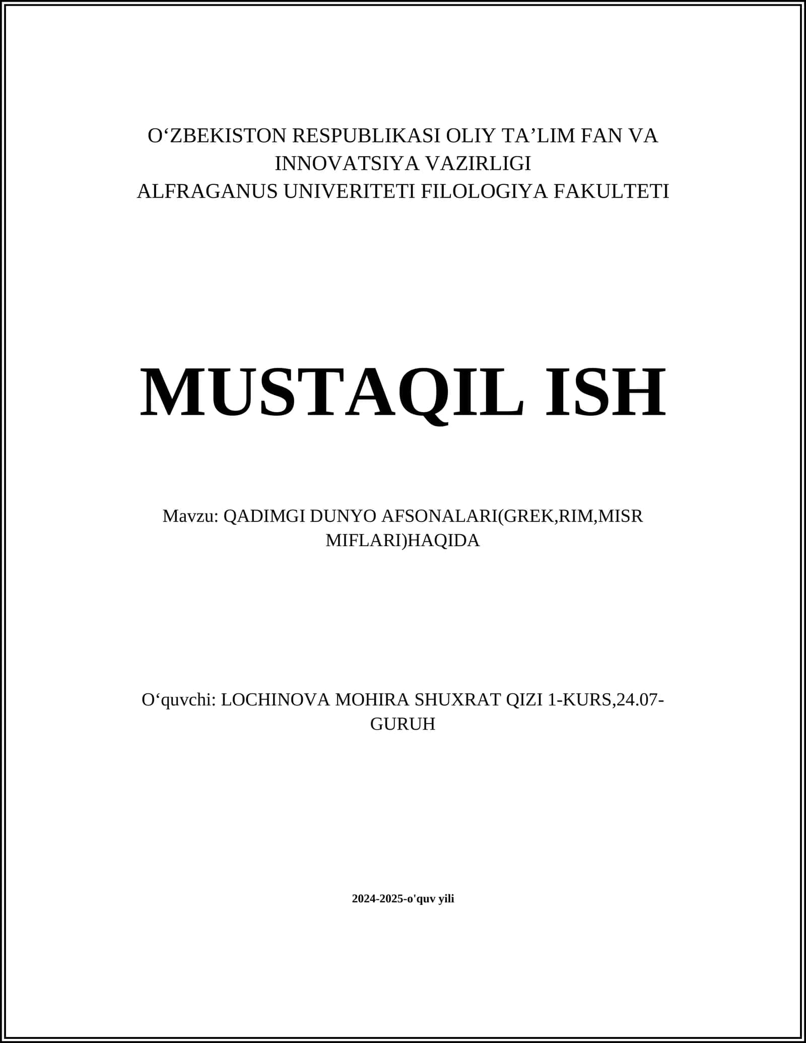 QADIMGI DUNYO AFSONALARI(GREK,RIM,MISR MIFLARI)HAQIDA